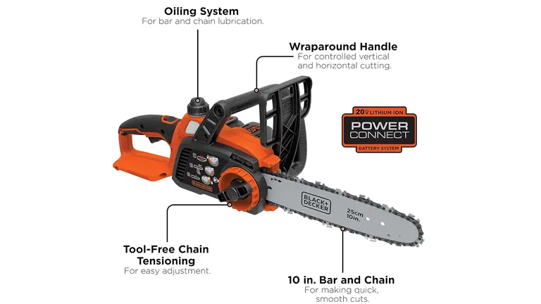 Annotated features of a Black & Decker chainsaw including oiling system, wraparound handle, tool-free chain tensioning, and 10 in. bar and chain