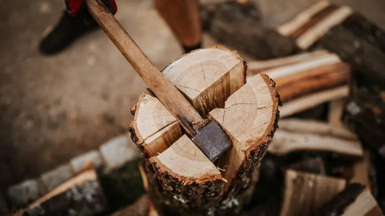 A person splitting a log of traditional firewood with an axe