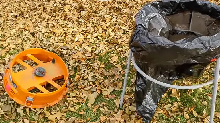 Orange Worx WG430 Electric Leaf Mulcher next to a black trash bag filled with mulched leaves, both surrounded by fallen leaves