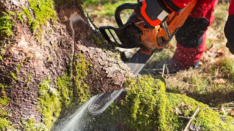 Person in red shirt using an orange chainsaw to fell a moss-covered tree, following a safe 5-step plan