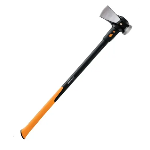 Black and orange wood splitting maul with silver head on white background