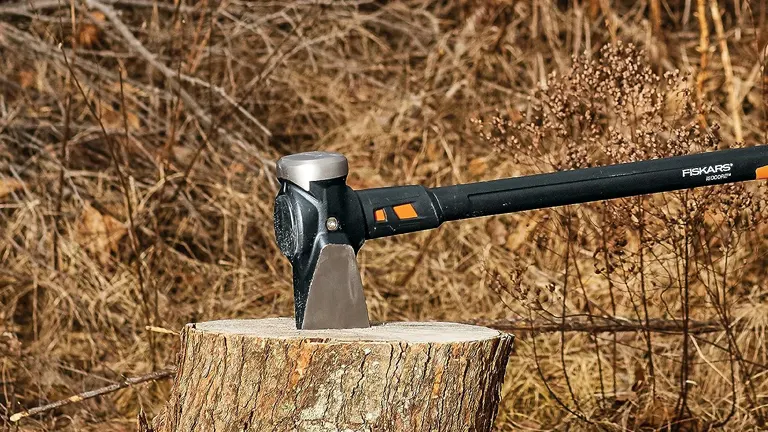 Black and silver wood splitting maul on tree stump in forest setting