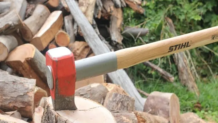 Stihl Pro Splitting Maul on log with firewood pile in background