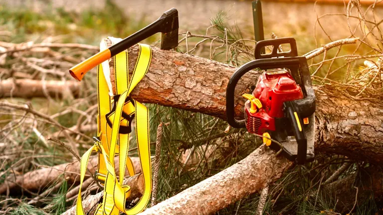 Chainsaw and safety harness on a cut tree branch, indicating area preparation for tree removal