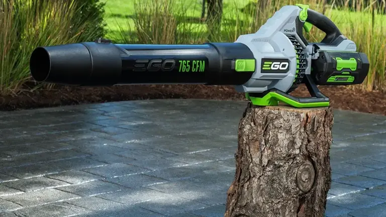EGO Power+ 765 CFM Blower, a modern, cordless leaf blower, placed upright on a rough-textured tree stump in an outdoor setting