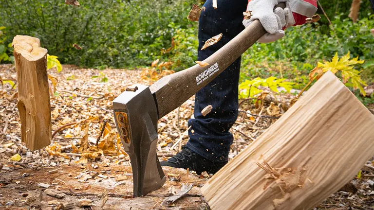 Person using Roughneck Log Splitting Maul 2000g in wooded area