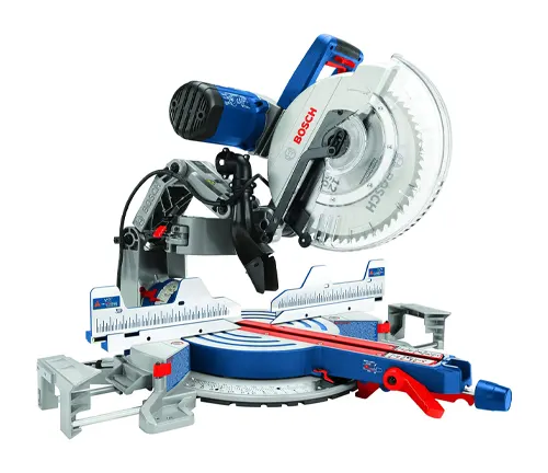 BOSCH GCM12SD 12” Dual-Bevel Sliding Miter Saw with blue and red accents, positioned at an angle