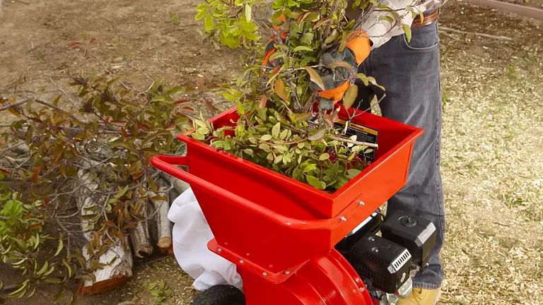 A person using a red Predator 6.5 HP Chipper Shredder to shred garden waste
