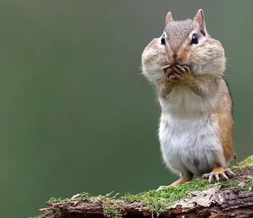 Chipmunk with full cheeks standing on a mossy branch