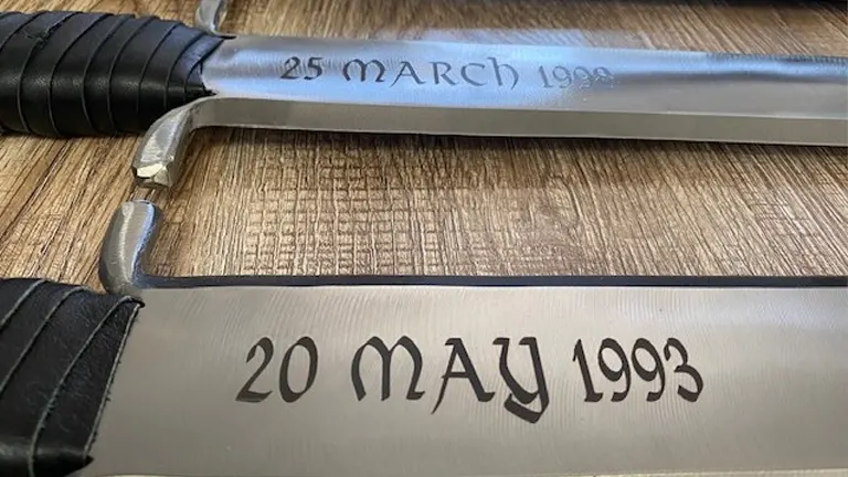 Personalized Viking wood splitter with engraved dates ‘25 MARCH 1998’ and ‘20 MAY 1993’