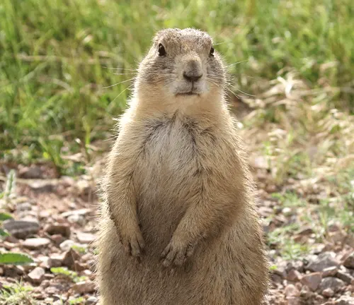 Prairie dog standing upright on its hind legs in a field