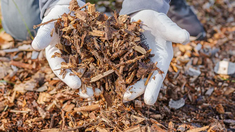 Close-up of hands wearing white gloves, holding a pile of wood chips