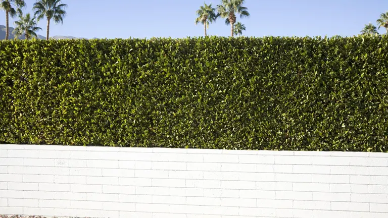 Boxwood hedge above a white brick wall with palm trees in the background