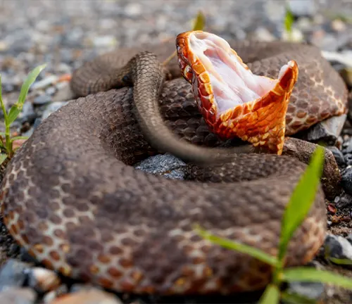 Close-up of Cottonmouth snake with open mouth on gravel