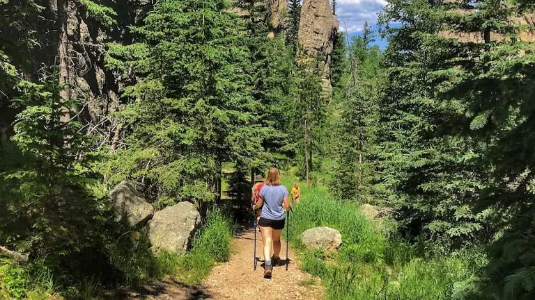 Person hiking on a trail surrounded by lush greenery and rock formations at Custer State Park