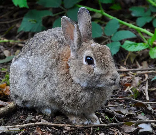 European Rabbit sitting amidst green foliage and dry leaves