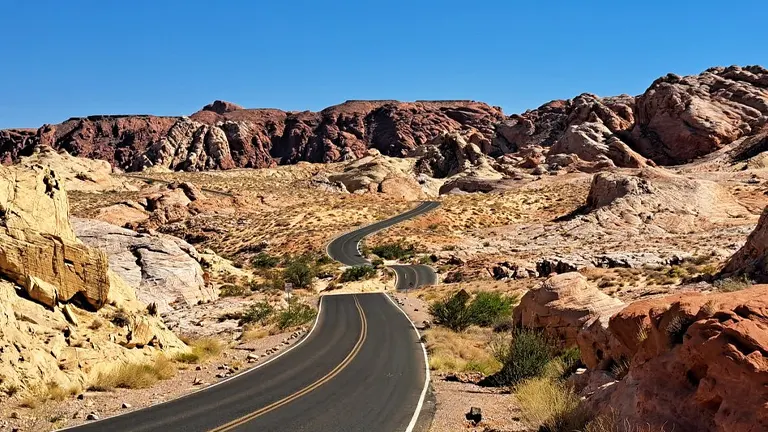 Winding road through the rocky landscape of Valley of Fire State Park