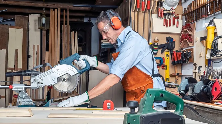 Person in safety gear using miter saw in a workshop