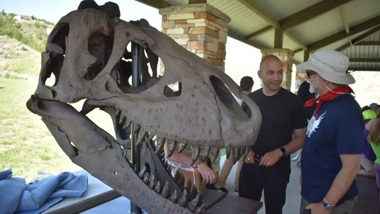 A large dinosaur skull on display at Makoshika State Park with visitors observing it