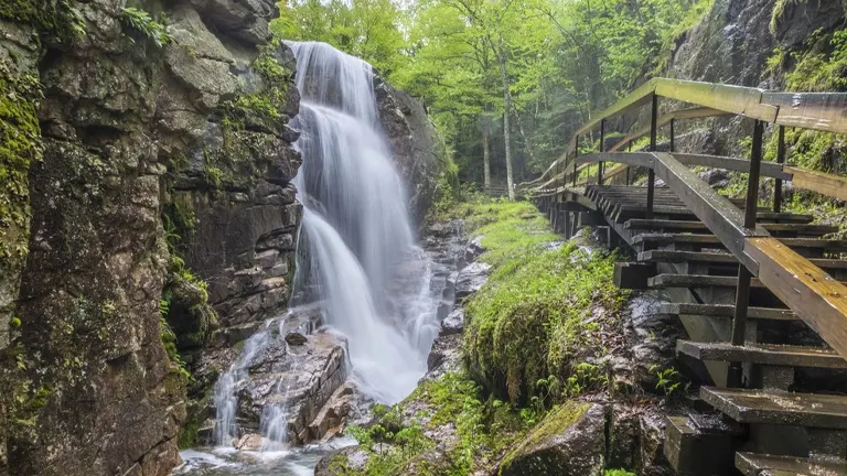 Waterfall at Franconia Notch State Park with surrounding greenery and wooden walkway