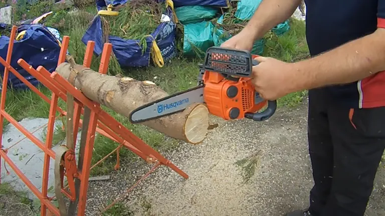 Person using a Husqvarna T525 Chainsaw to cut a log outdoors