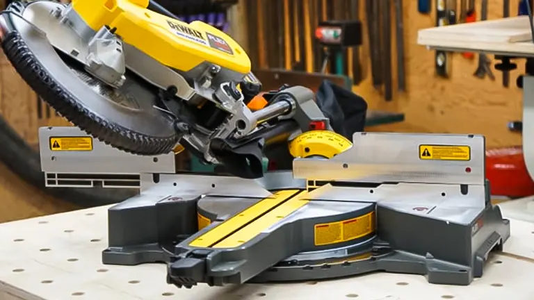 Miter saw on a workbench with tools