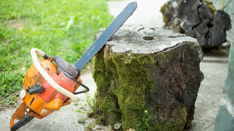 Orange chainsaw on mossy tree stump