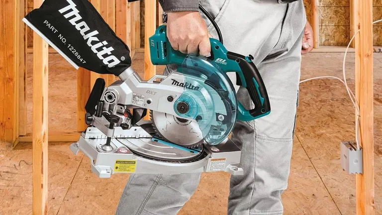 Person using a Makita 18V LXT 6-1/2” Compact Dual-Bevel Compound Miter Saw with Laser at a construction site