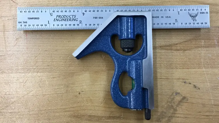 Blue miter saw gauge on wooden surface with ‘Products Engineering’ ruler in background
