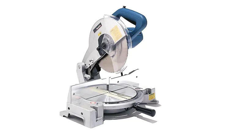 miter saw with a blue handle and a silver base on a white background