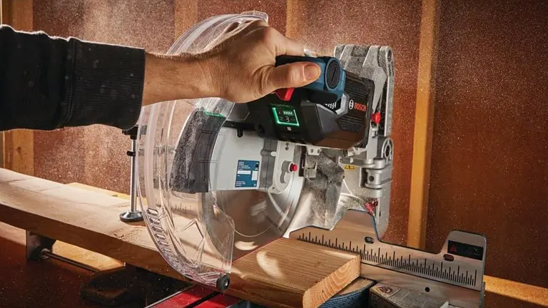 A person using a BOSCH GCM18V-12GDCN PROFACTOR 18V 12" Dual-Bevel Glide Miter Saw to cut a wooden plank in a workshop