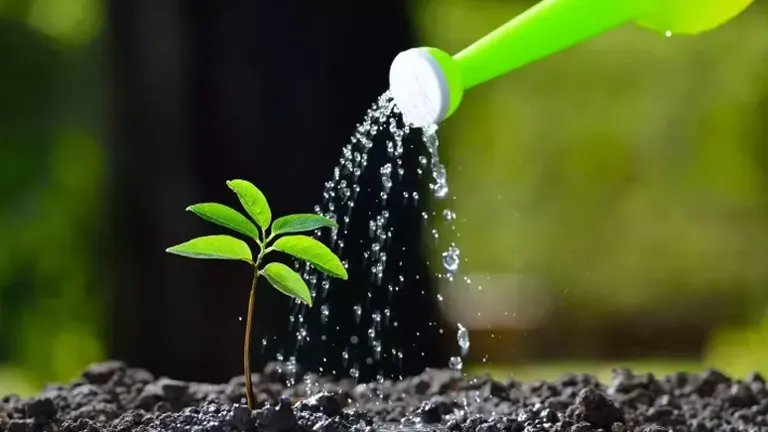 Watering a young plant with a green watering can, symbolizing care and growth