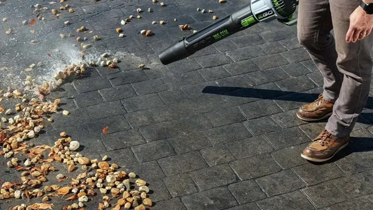 Person using an EGO Power+ 765 CFM Blower to clear fallen leaves from a paved surface
