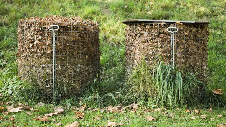 Two compost bins filled with leaves in a garden