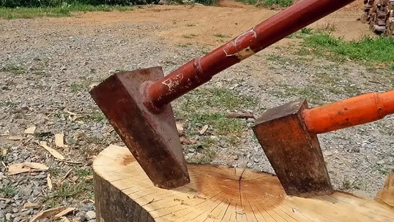 A Truper 32415 12-Pound Splitting Maul on a tree stump with wood chips scattered around