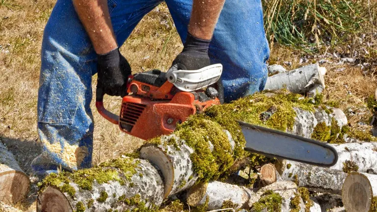 Person cutting logs with a chainsaw