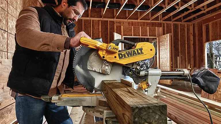 Person adjusting a DeWalt miter saw for precise wood cutting