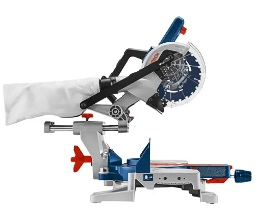 Bosch 18V sliding miter saw with a blue and grey design, equipped with a dust bag