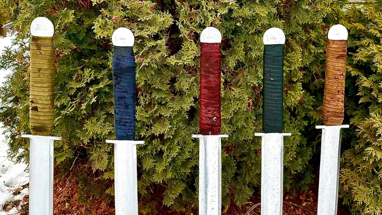 Five Viking Wood Splitters with different colored handles lined up against a green bush