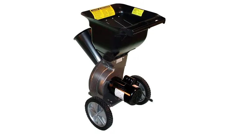 Patriot 1.5 HP Electric Wood Chipper Leaf Shredder with wheels and safety labels