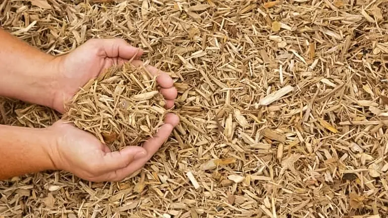 a close-up view of two hands holding light brown, dry wood chips of various sizes and shapes