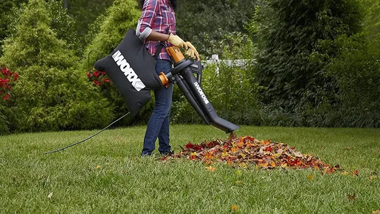 Person using a WORX leaf blower to mulch scattered red and brown leaves on a lush green lawn