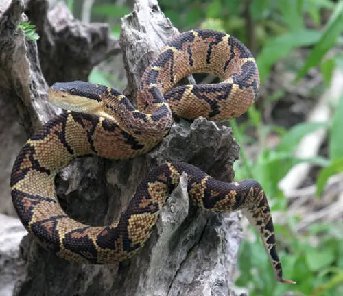 Bushmaster snake coiled on a tree stump in the wild