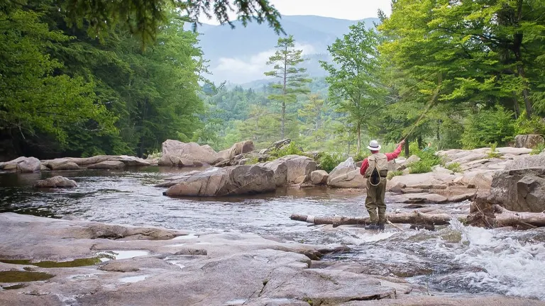 A person fishing in a serene river surrounded by rocks and lush greenery at White Mountain National Forest