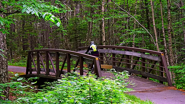 Cyclist crossing a wooden bridge in the lush green forest of Franconia Notch State Park