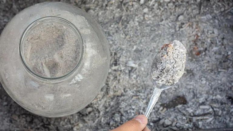 Ash-covered jar and spoon on a gray background.