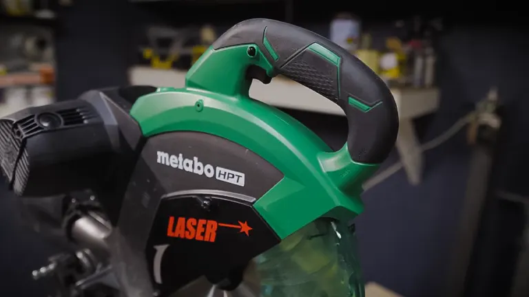 Metabo HPT C12RSH2S 12” Dual-Bevel Sliding Compound Miter Saw with Laser Marker on a workbench in a workshop