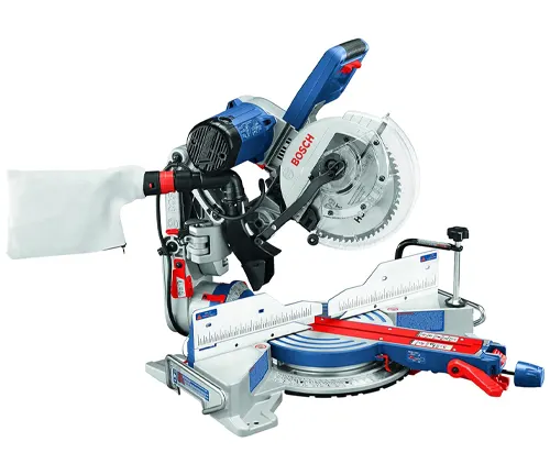 BOSCH CM10GD 10” Dual-Bevel Sliding Miter Saw with blue and red accents, positioned at an angle showing its blade and base