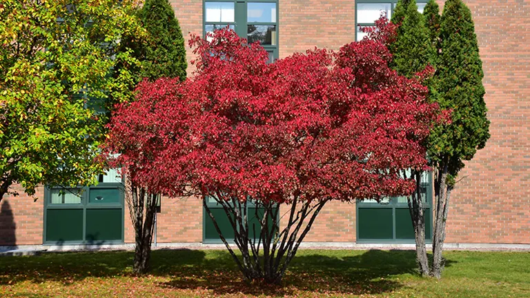 Amur Maple tree with vibrant red leaves in front of a brick building