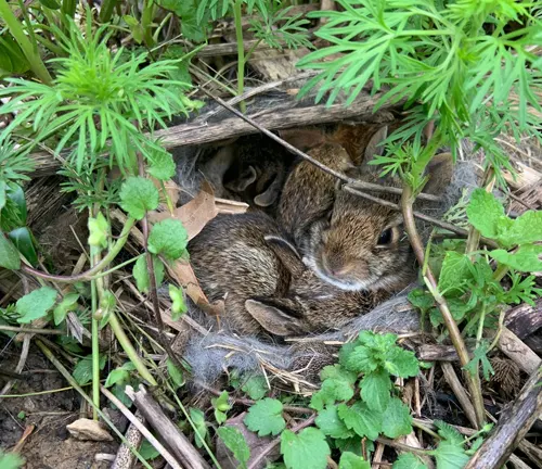 European Rabbit nestled among green plants in a natural habitat
